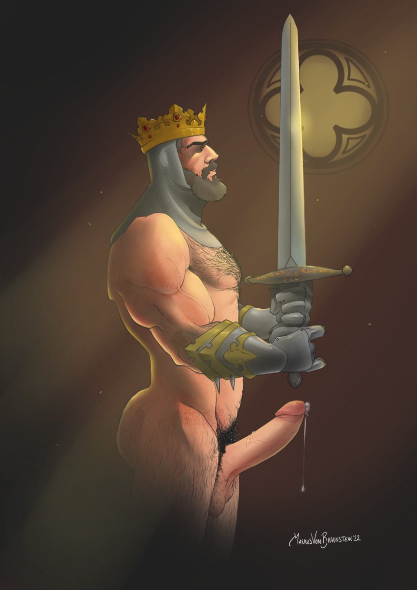 1boy 2022 armor armored_gloves arthur_pendragon arthurian_legends balls bara barazoku beard big_balls big_penis chainmail chainmail_coif coif completely_nude completely_nude_male crown daddy erection european_mythology gauntlets genital_fluids hairy_chest headgear headwear hi_res highres history hood male male_nipples male_only male_pubic_hair manly markus_von_braunstein mature_male muscular_male mythology nipples nude penis precum precum_drip public_domain royalty sword weapon