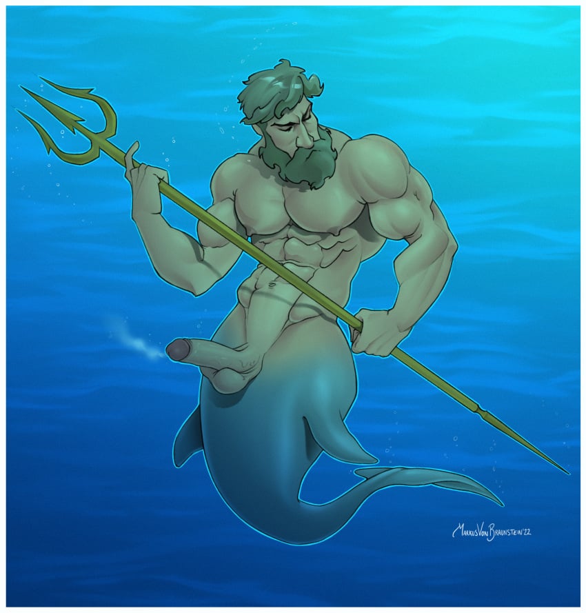 1boy 2022 balls bara barazoku beard big_balls big_penis daddy erection hi_res highres male male_nipples male_only manly markus_von_braunstein mature_male mermaid merman muscular_male mythical mythology nipples penis trident underwater weapon