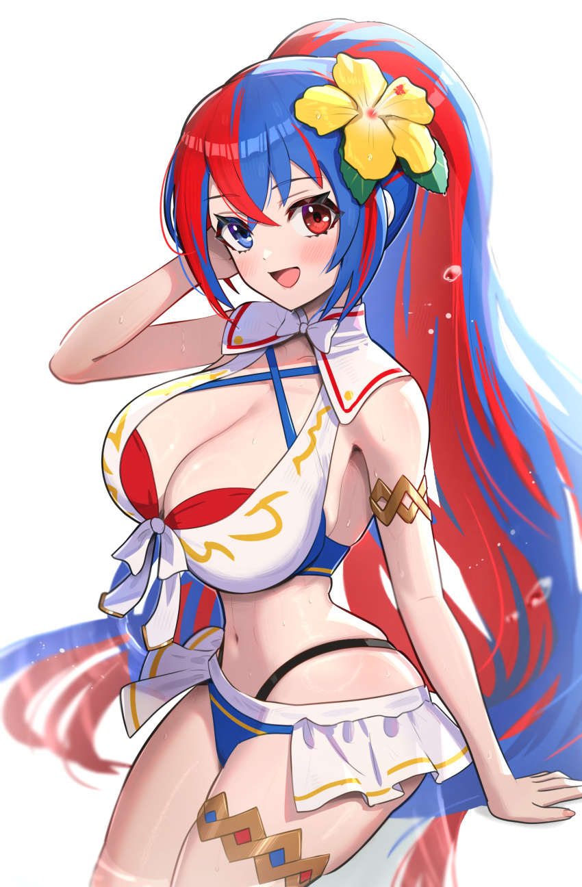 1girls absurdres alear_(female)_(fire_emblem) alear_(female)_(seaside_dragon)_(fire_emblem) alear_(fire_emblem) alternate_costume alternate_hairstyle bangle bikini blue_bikini blue_swimsuit bracelet breasts cleavage crossed_bangs female female_only fire_emblem fire_emblem_engage fire_emblem_heroes gonzarez heterochromia highres jewelry large_breasts multicolored_bikini multicolored_clothes multicolored_hair nintendo official_alternate_costume official_alternate_hairstyle ponytail red_bikini red_hair red_swimsuit smile split-color_hair swimsuit two-tone_hair white_bikini white_swimsuit