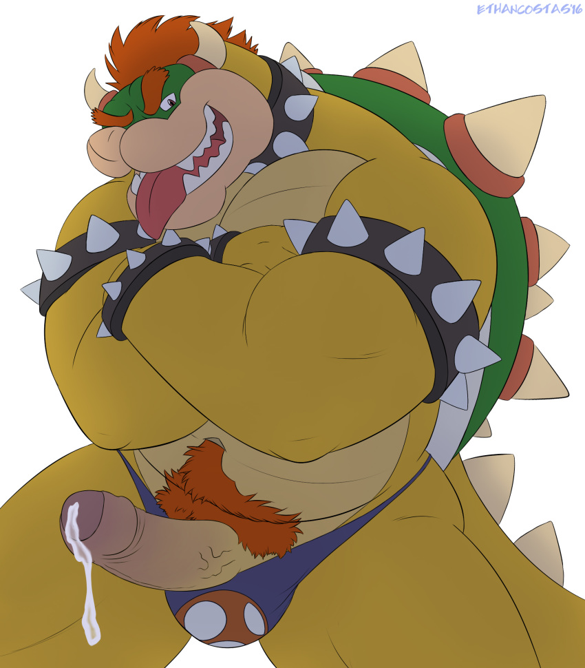 1boy 2016 bara body_hair bowser crossed_arms cum cum_on_penis erection ethancostas flat_colors happy_trail horn humanoid_penis jockstrap king koopa leaking looking_at_viewer male male_only mario_(series) navel nintendo penis pinup pose precum presenting pubic_hair royalty scalie sharp_teeth simple_background smile solo spikes standing teeth tongue tongue_out uncut underwear vein veiny_penis white_background