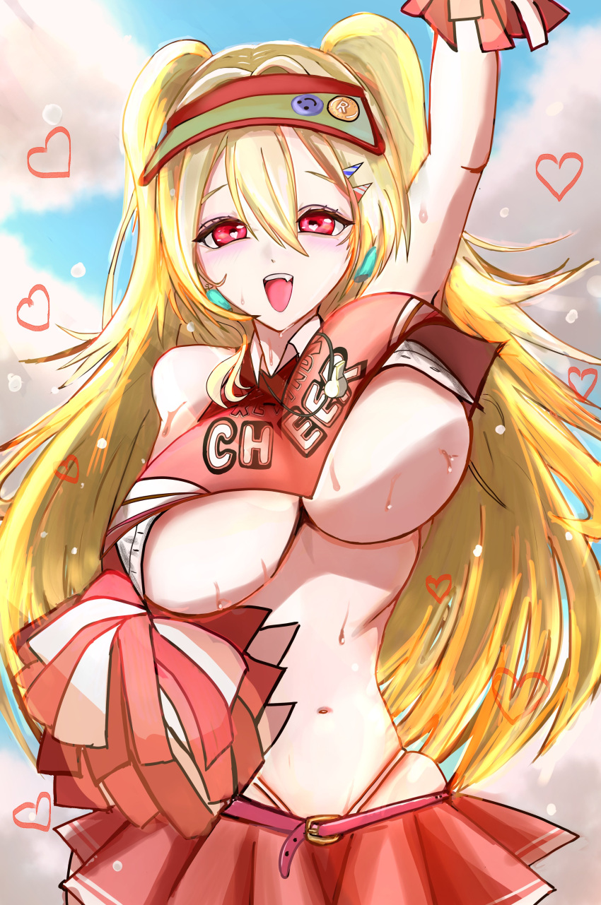 1girls blonde_hair cheerleader cheerleader_uniform clay_(nikke) crop_top female female_only fully_clothed goddess_of_victory:_nikke hair_between_eyes large_breasts long_hair midriff oerba_yun_fang open_mouth red_eyes sweat swinging_breasts underboob