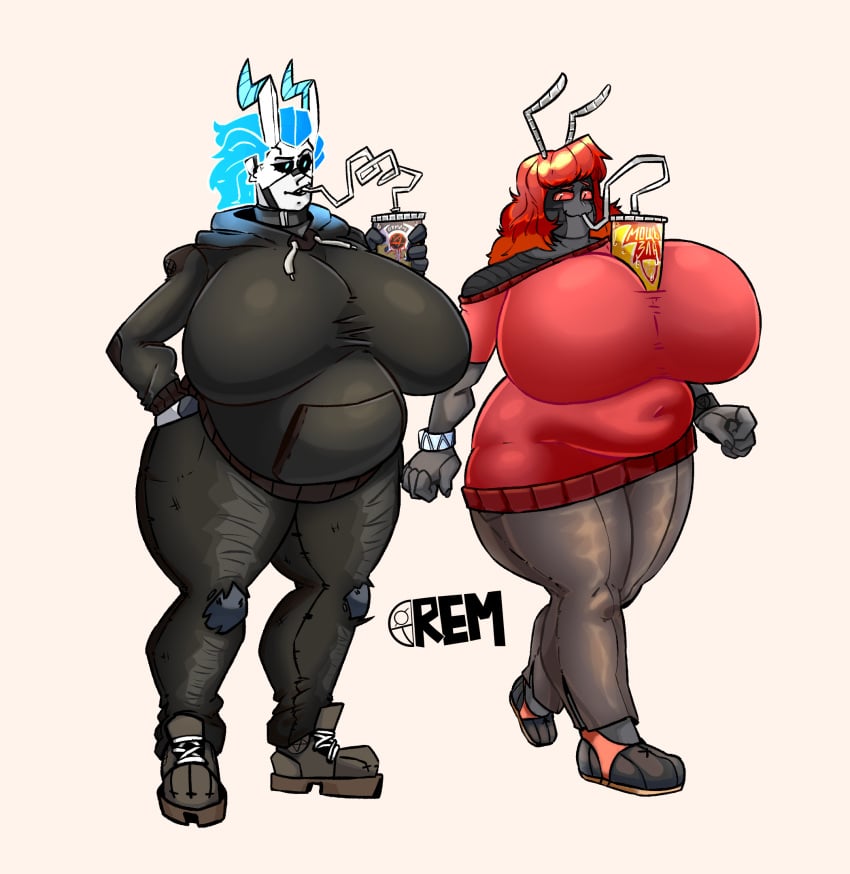 2girls ant anthro belly belly_bulge big_breasts blue_eyes blue_hair chubby chubby_belly chubby_female cyborg demon_girl glowing_eyes glowing_hair glowing_horns insects multiple_girls red_eyes red_hair remiman thick_thighs wide_hips