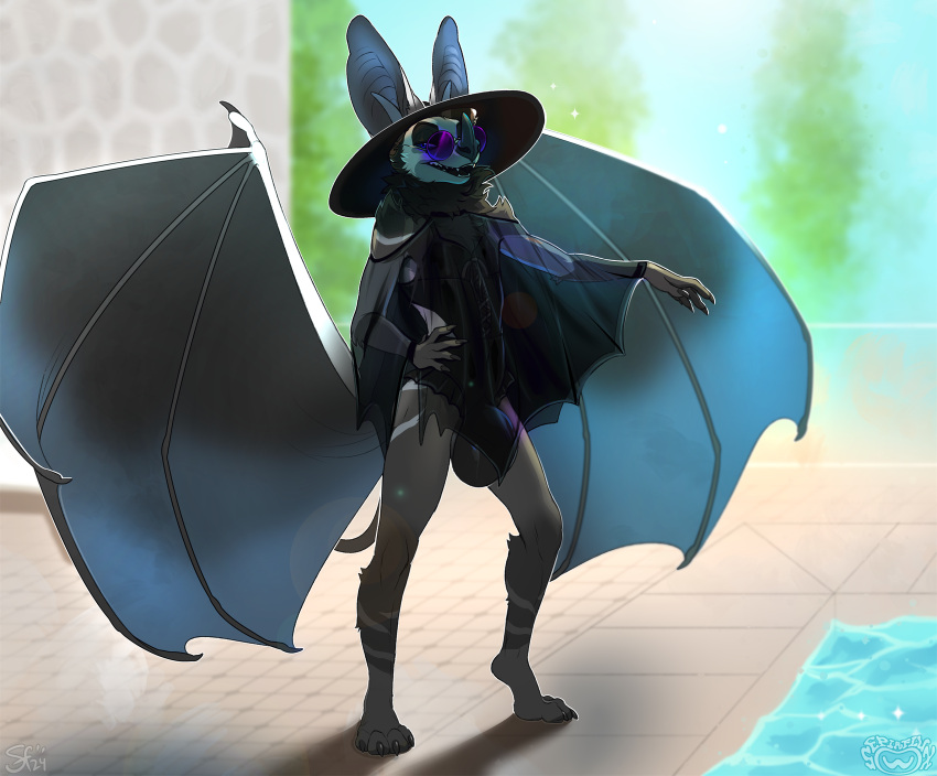 2024 anthro bat bat_ears bat_nose big_bulge biped black_body black_fur bulge claws clothing digital_media_(artwork) eyewear finger_claws fur glasses grey_body grey_fur hat headgear headwear hi_res male mammal membrane_(anatomy) membranous_wings multicolored_body multicolored_fur paws pig_(artist) round_glasses solo sun_hat toe_claws wings xander_(kurrikage)