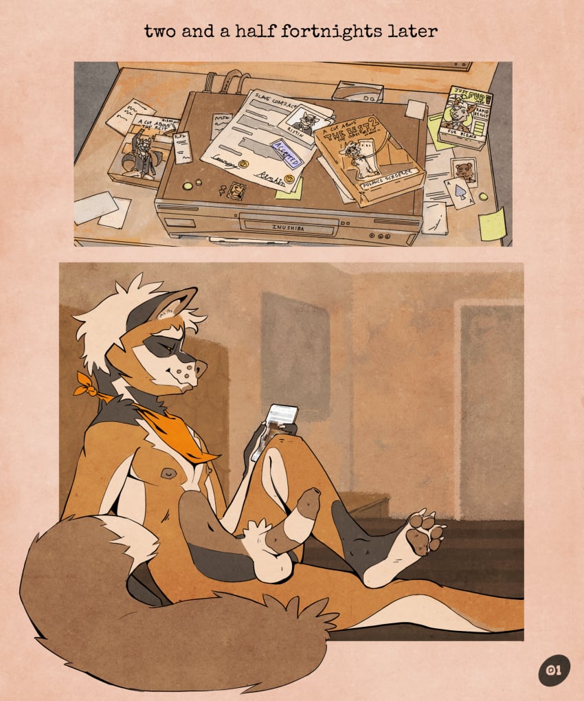 absurd_res canid canine comic cross_fox electronics feet fox genitals hi_res kerchief male mammal nude obrien_(artist) penis phone red_fox soles striped_genitalia striped_penis stripes true_fox