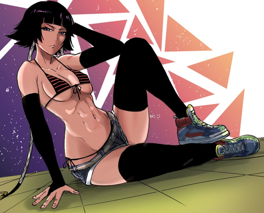 bikini_top black_hair bleach body braids female female_only hips legs looking_at_viewer navel purple_eyes shoes short_hair shorts sideboob small_breasts soifon stockings thong underboob