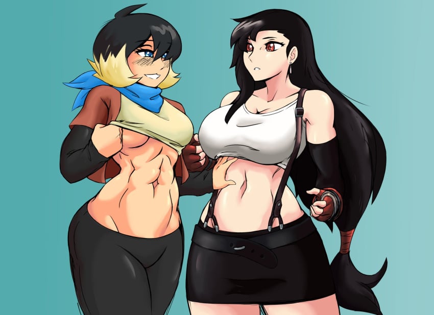 2girls black_hair boobs breasts female_only females females_only final_fantasy final_fantasy_vii kailyn kreativekailyn pleasure_face red_eyes removing_clothing removing_shirt shiny shiny_clothes skirt tifa_lockhart touching_body touching_breast underboob yuri