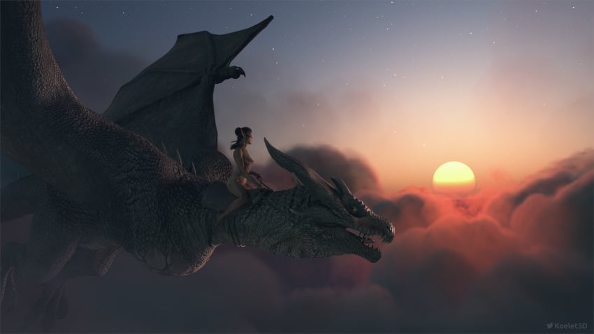 3d above_clouds baldur's_gate baldur's_gate_3 black_spots casual cloud clouds dark_hair dragon dragon_rider dungeons_and_dragons female flying forgotten_realms githyanki green_skin koelet3d lae'zel pointy_ears sunrise