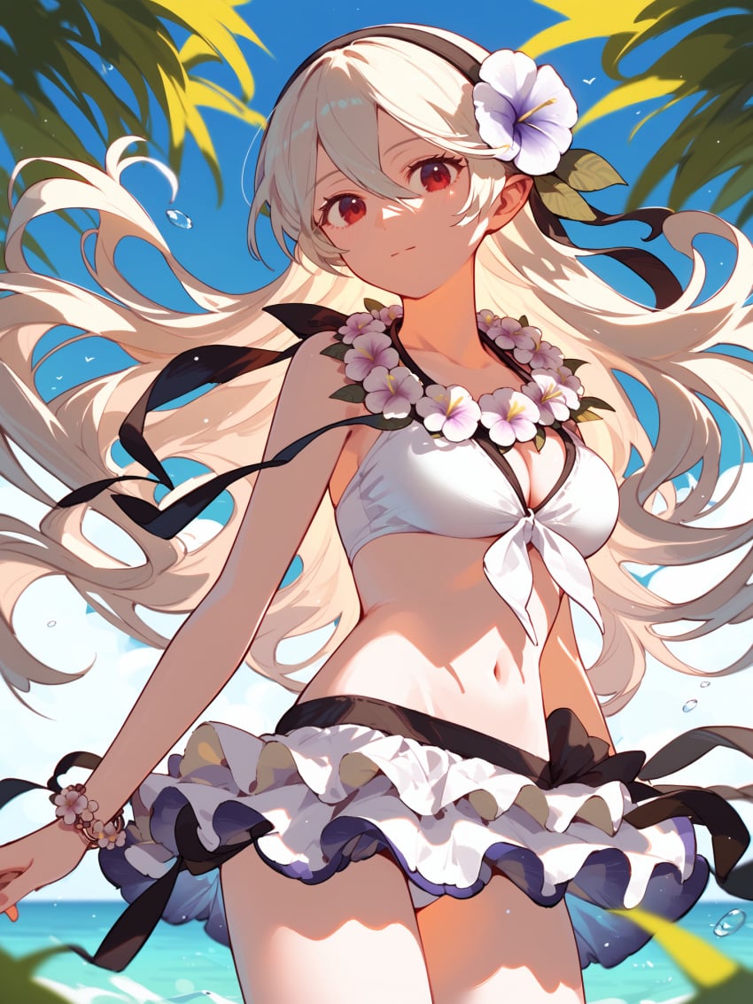 1girls ai_generated armband beach bikini cleavage corrin_(female)_(fire_emblem) corrin_(fire_emblem) corrin_(fire_emblem)_(female) dragon_girl female female_only fire_emblem fire_emblem_fates fire_emblem_heroes flower_in_hair flower_necklace flowing_hair hair_between_eyes headband hourglass_figure long_hair looking_at_viewer navel nintendo red_eyes safe_for_work silver_hair snowy solo swimsuit very_long_hair
