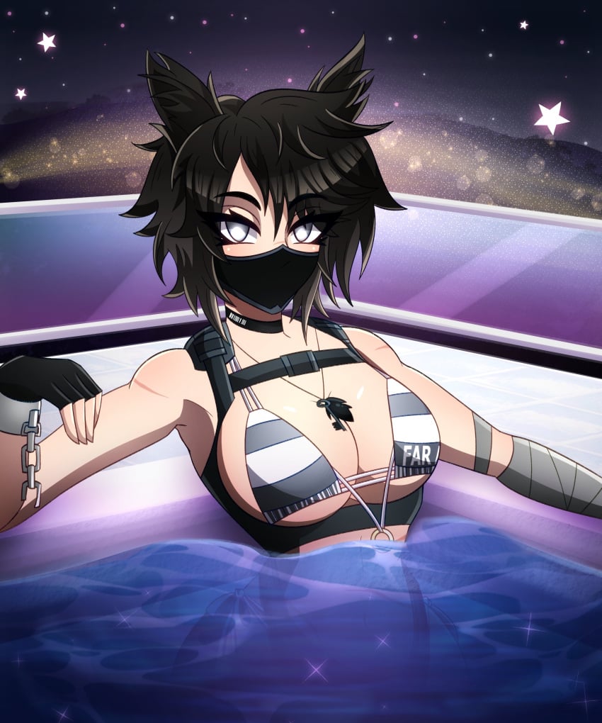 1girls absurdres animal_ears bandages bikini_top black_hair bra chains chest_harness choker cuffs eyes_visible_through_hair female female_only fingerless_gloves fully_clothed gloves grey_eyes harness highres hot_tub jewelry jhonya key key_necklace mask messy_hair mouth_mask necklace revealing_clothes scar shackles short_hair swimsuit underwear virtual_youtuber vrchat vrkisu vtuber wolf_ears