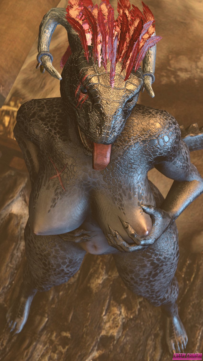 1girls 2017 3d absurdres ahe_gao ahegao areolae argonian big_ass big_breasts bird's-eye_view breasts creepychimera feet female female_only from_above green_scales helmet highres holding_breast horns large_breasts legs lizard looking_at_viewer looking_up_at_viewer nipples nude open_mouth pinup scales scalie seductive skyrim solo source_filmmaker standing tail teeth the_elder_scrolls toes tongue tongue_out