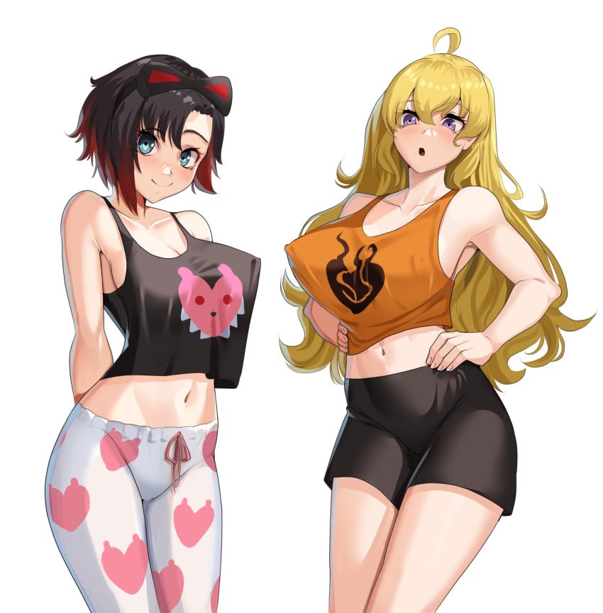 2girls black_hair blonde_hair female female_only looking_at_viewer multiple_girls nico-mo purple_eyes pyjamas red_hair ruby_rose rwby short_hair silver_eyes simple_background sisters sleepwear tagme white_background yang_xiao_long