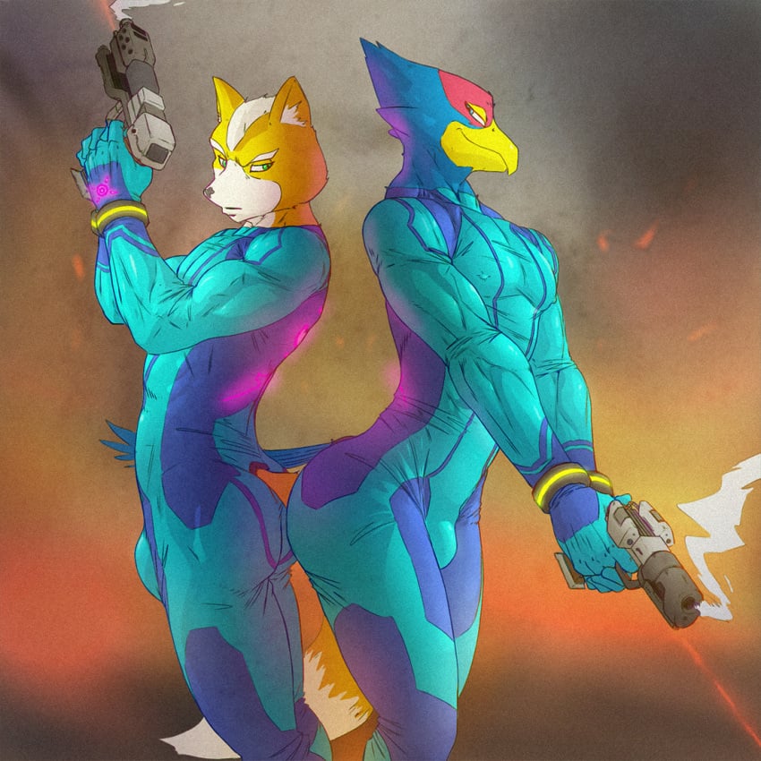 abstract_background bulge clothed duo falco_lombardi fox_mccloud gay gun laser_gun latex latex_clothing latex_suit male_only star_fox zero_suit zero_suit_fox