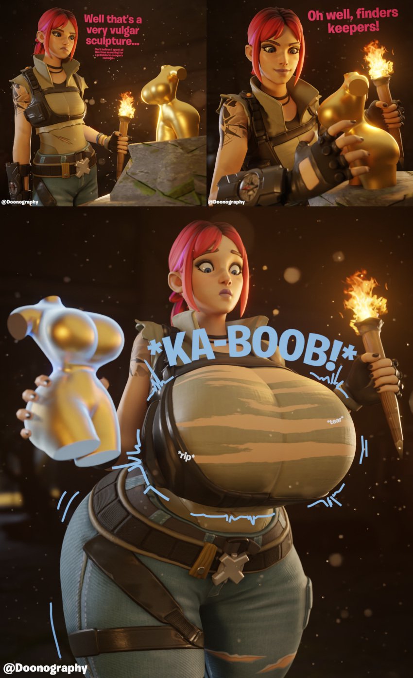 3d blender breast_expansion breasts breasts dialog dialogue doonography explorer_emilie_(fortnite) female female_focus female_only fortnite fortnite:_battle_royale growth hourglass_expansion huge_breasts jeans sequence tearing_clothes text tight_clothing torn_clothes watermark