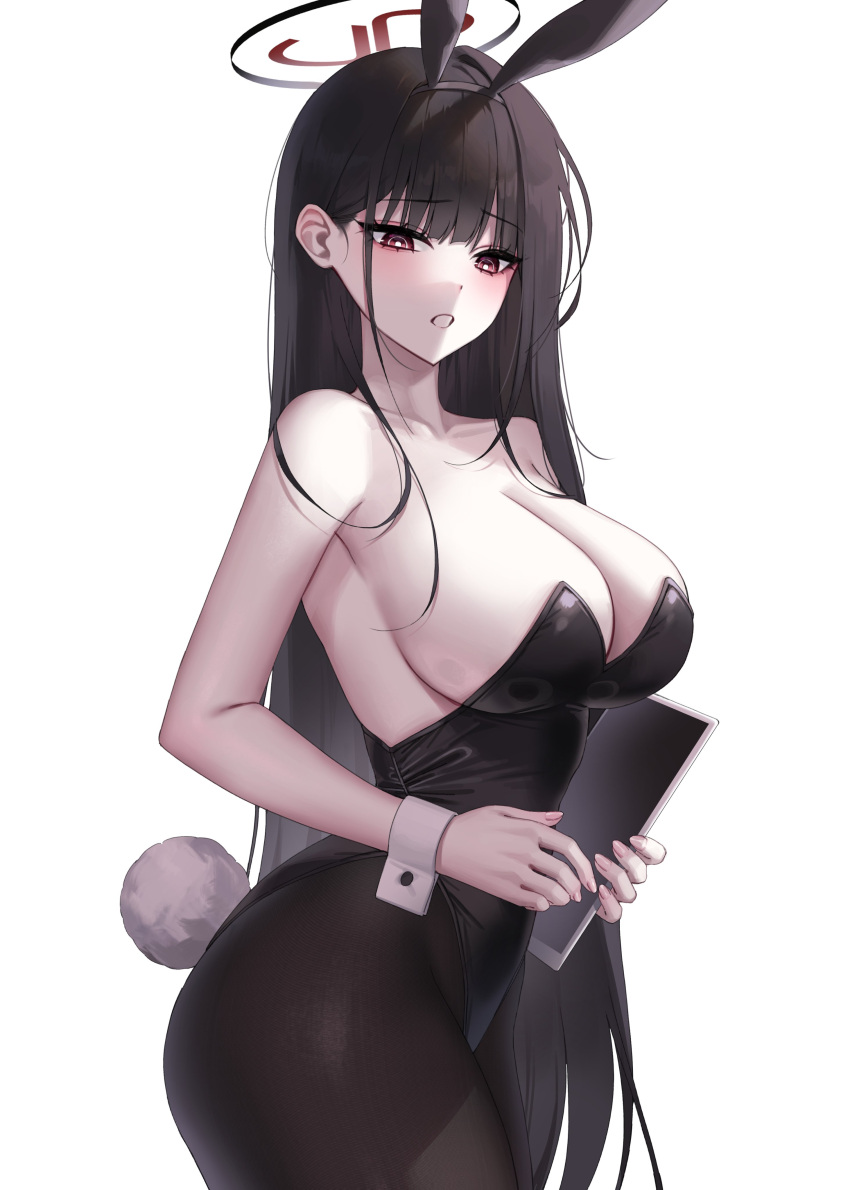 1girls absurdres animal_ears bangs bare_arms bare_shoulders big_breasts black_and_red_halo black_hair black_pantyhose blue_archive blunt_bangs breasts bright_pupils bunnysuit cleavage covered_navel covered_nipples eyebrows_visible_through_hair fake_animal_ears fake_tail from_side highleg highleg_leotard highres huge_breasts large_breasts leotard light-skinned_female light_skin long_hair looking_at_viewer mechanical_halo millennium_science_school_student open_mouth pantyhose playboy_bunny rabbit_ears rabbit_tail raki_kr red_eyes rio_(blue_archive) seminar_(blue_archive) seminar_president sideboob simple_background solo strapless strapless_leotard student_council_president tail white_background white_wrist_cuffs wrist_cuffs