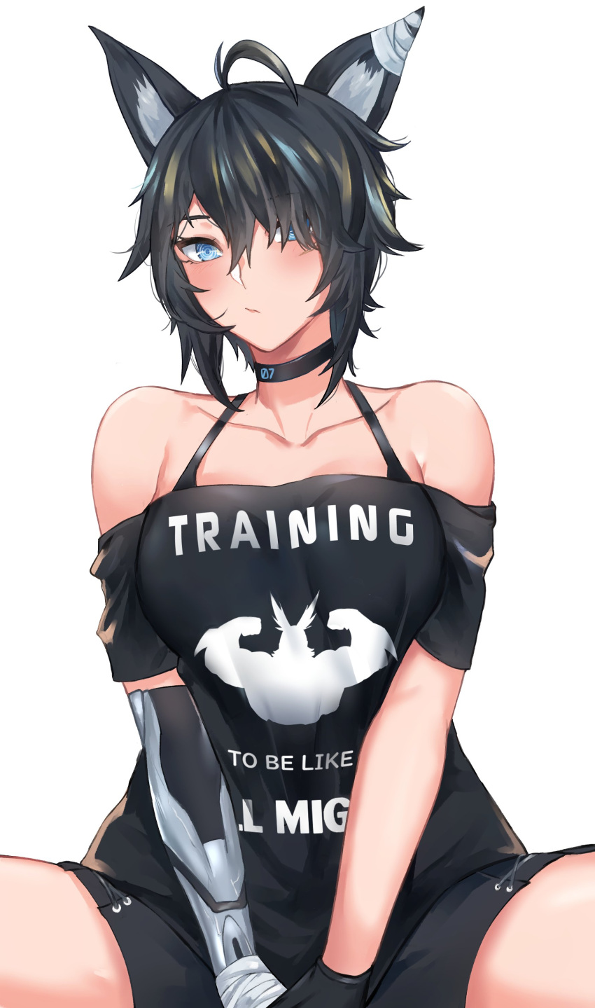 2d absurdres ahoge animal_ear_fluff animal_ears ardeee bandages black_hair black_shorts blue_eyes blush bra_strap choker clothes_writing commission cup female gloves highres light-skinned_female light_skin looking_at_viewer mechanical_arms off-shoulder_shirt off_shoulder pale-skinned_female pale_skin shirt shorts single_mechanical_arm vrchat vrkisu wolf_ears