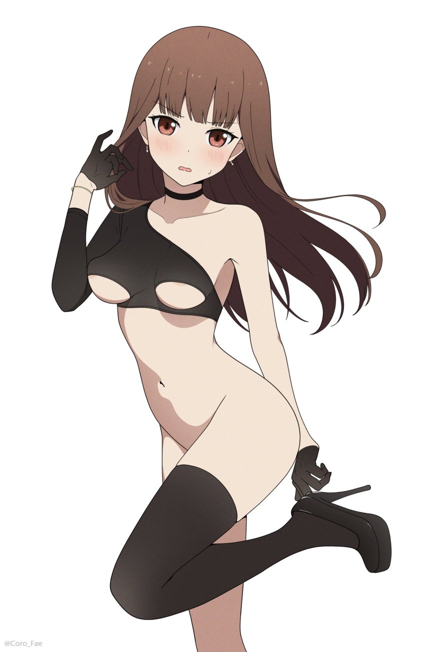 1girls accurate_art_style almost_naked armpits ass bare_shoulders belly_button belly_uncovered blush brown_eyes brown_hair coro_fae earrings embarrassed female gloves hand_on_hair high_heels iino_miko kaguya-sama_wa_kokurasetai_~tensai-tachi_no_renai_zunousen~ long_hair no_panties official_style one_leg_bent only_top solo stockings thighhighs underboob