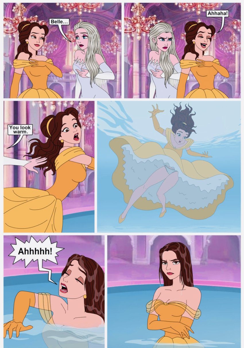 beauty_and_the_beast belle comic disney disney_princess elsa_(frozen) female frozen_(film) laughing serisabibi underwater