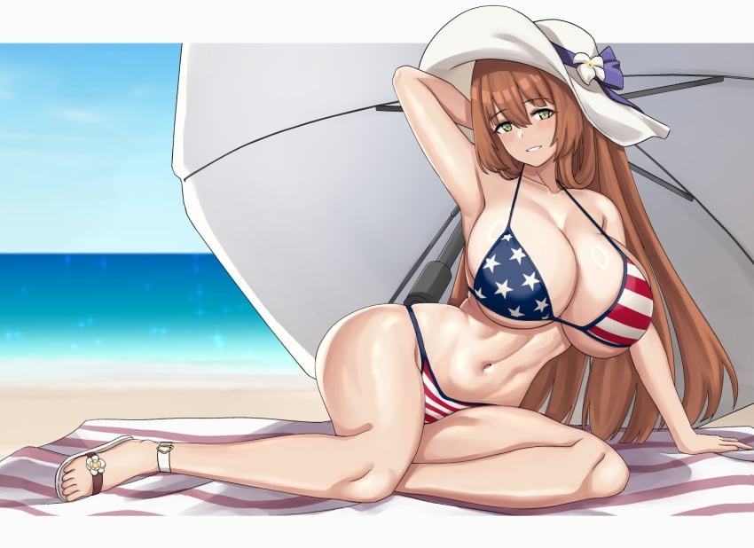 1girls american_flag american_flag_bikini american_flag_print arm_behind_head arm_support arm_up armpits beach bikini blush breasts brown_hair cleavage cyka female flag_print girls&#039;_frontline green_eyes hair_between_eyes hat highres large_breasts long_hair looking_at_viewer navel o-ring ocean outdoors pose print_bikini ribbon sand sidelocks smile solo springfield_(girls&#039;_frontline) springfield_(stirring_mermaid)_(girls&#039;_frontline) sun_hat swimsuit towel water