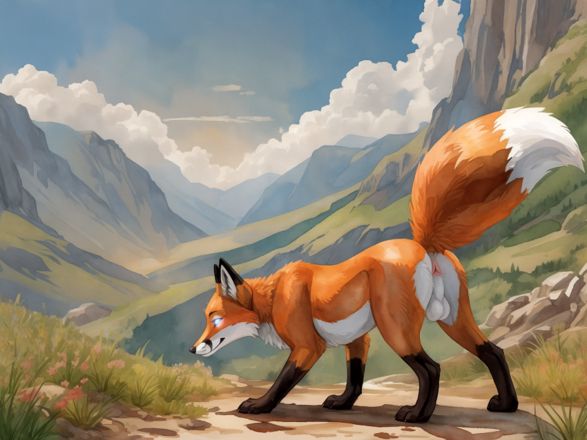 ai_generated anus balls black_body black_claws black_fur black_nose blp blue_eyes canid canine claws cliff cloud day ears_up feral feral_only flower fox fur genitals glowing glowing_eyes grass inner_ear_fluff landscape leg_markings light male mammal markings multicolored_body multicolored_fur orange_body orange_fur outside painting_(artwork) paws perineum plant raised_tail red_fox rock smile socks_(marking) solo standing sunlight three-quarter_view traditional_media_(artwork) tuft watercolor_(artwork) white_balls white_body white_fur white_perineum y_anus