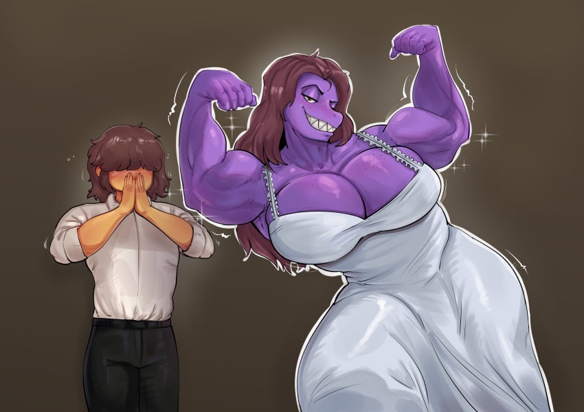 1girls 1male 2024 ambiguous_gender anthro arms_up bangs biceps big_breasts blush breasts brown_hair busty cleavage clothed clothed_female clothes clothing covering_mouth curvaceous curvy deltarune dress dress_shirt duo female flexing freckles freckles_on_face front_view fully_clothed grin hair hair_over_eyes height_difference hi_res human interspecies kris_(deltarune) large_breasts larger_female long_hair looking_at_viewer medium_hair muscular_arms muscular_female narrowed_eyes obscurezircon pants pose posing purple_body purple_skin raised_eyebrow reptile scalie sharp_teeth shirt simple_background size_difference smile smiling smiling_at_viewer standing susie_(deltarune) taller_female taller_girl teeth thedarkzircon thick_thighs thighs voluptuous wedding_dress white_dress wide_hips