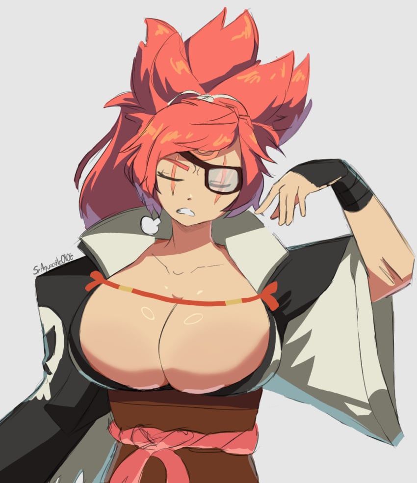 angry_face baiken big_breast big_breasts big_breasts breasts breasts coat coat_on_shoulders guilty_gear guilty_gear_strive one_eye one_eye_closed red_hair sr.aguacate tired