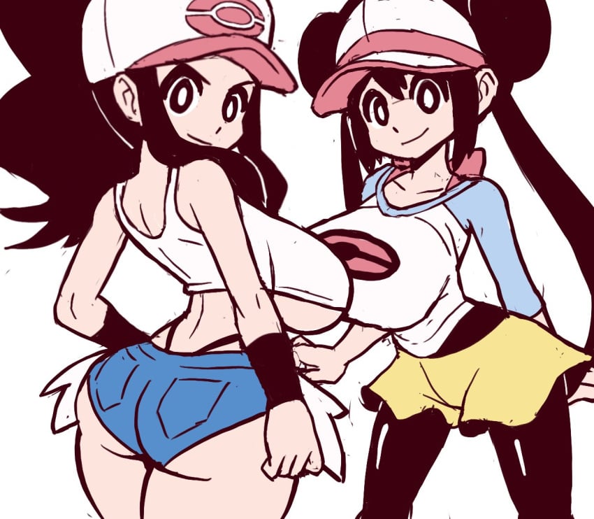 2girls ass big_ass big_breasts big_butt big_thighs booty_shorts breasts cap game_freak hilda_(pokemon) huge_breasts impossible_clothes impossible_clothing impossible_shirt large_breasts long_hair looking_at_viewer looking_back looking_back_at_viewer mossyfroot nintendo no_background panties_visible pokemon pokemon_bw pokemon_bw2 ponytail rosa_(pokemon) short_skirt shorts skinny skirt smiling smiling_at_viewer tank_top thick thick_ass thick_butt thick_thighs thong thong_straps tight_clothes tight_clothing tight_shirt tight_shorts underboob white_background wristband