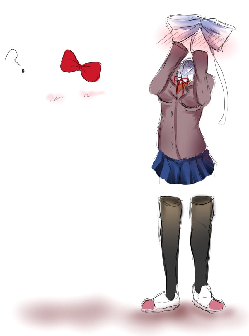 ? blush bow clothed clothes clothing crunnix doki_doki_literature_club implied_nudity invisible invisible_girl monika_(doki_doki_literature_club) red_bow sayori_(doki_doki_literature_club) white_bow