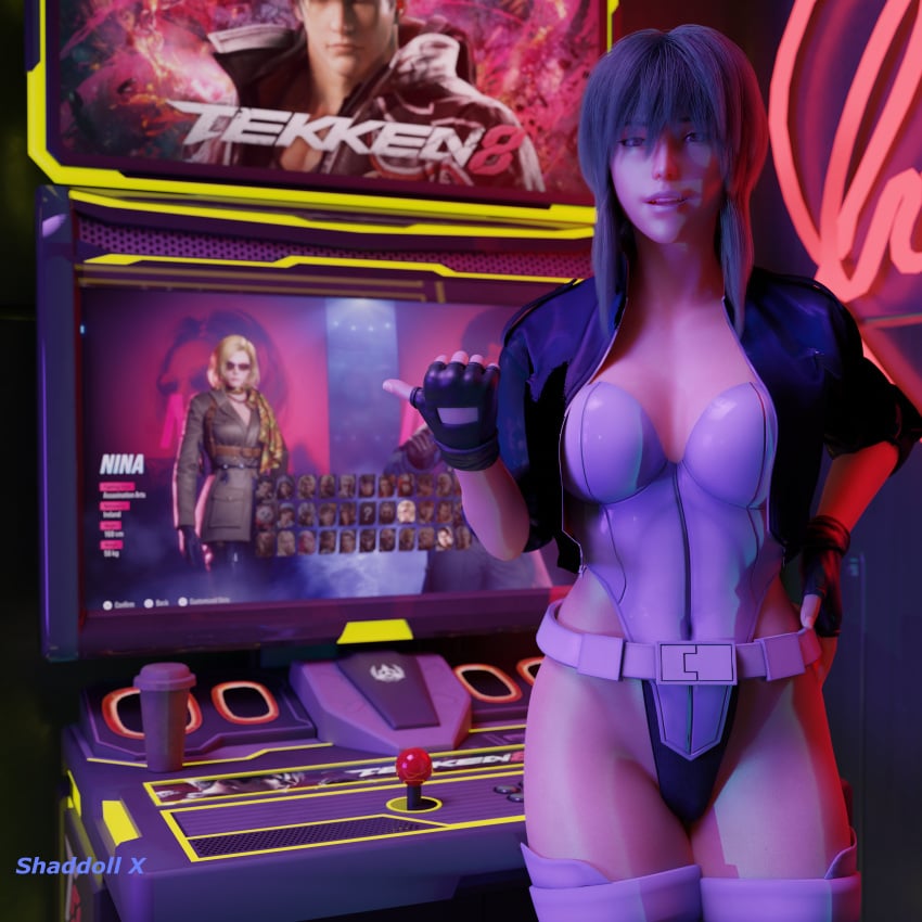 1girls 3d arcade_machine asian asian_bimbo asian_female bimbo female fingerless_gloves ghost_in_the_shell kusanagi_motoko leaning_back leotard looking_at_viewer shaddoll_x solo strapless_leotard tekken tekken_8 thighhighs