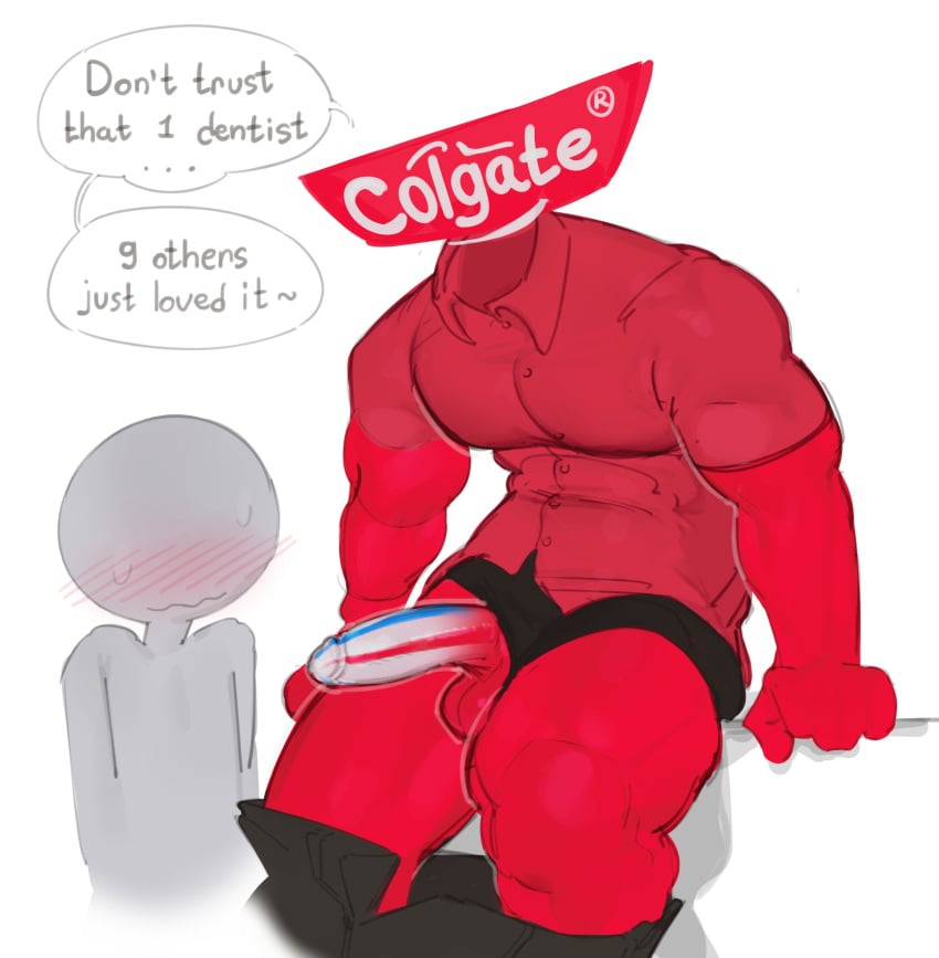 2boys anthro blush colgate colgate_(toothpaste) erection floating_head gay kogito male_only non_human pants pants_down penis red_shirt red_skin sitting size_difference toothpaste underwear yaoi