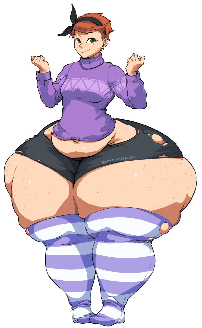 1girls cantankeravian fat female meredith_(ohdangdoof) muffin_top red_hair socks thick_thighs thighs