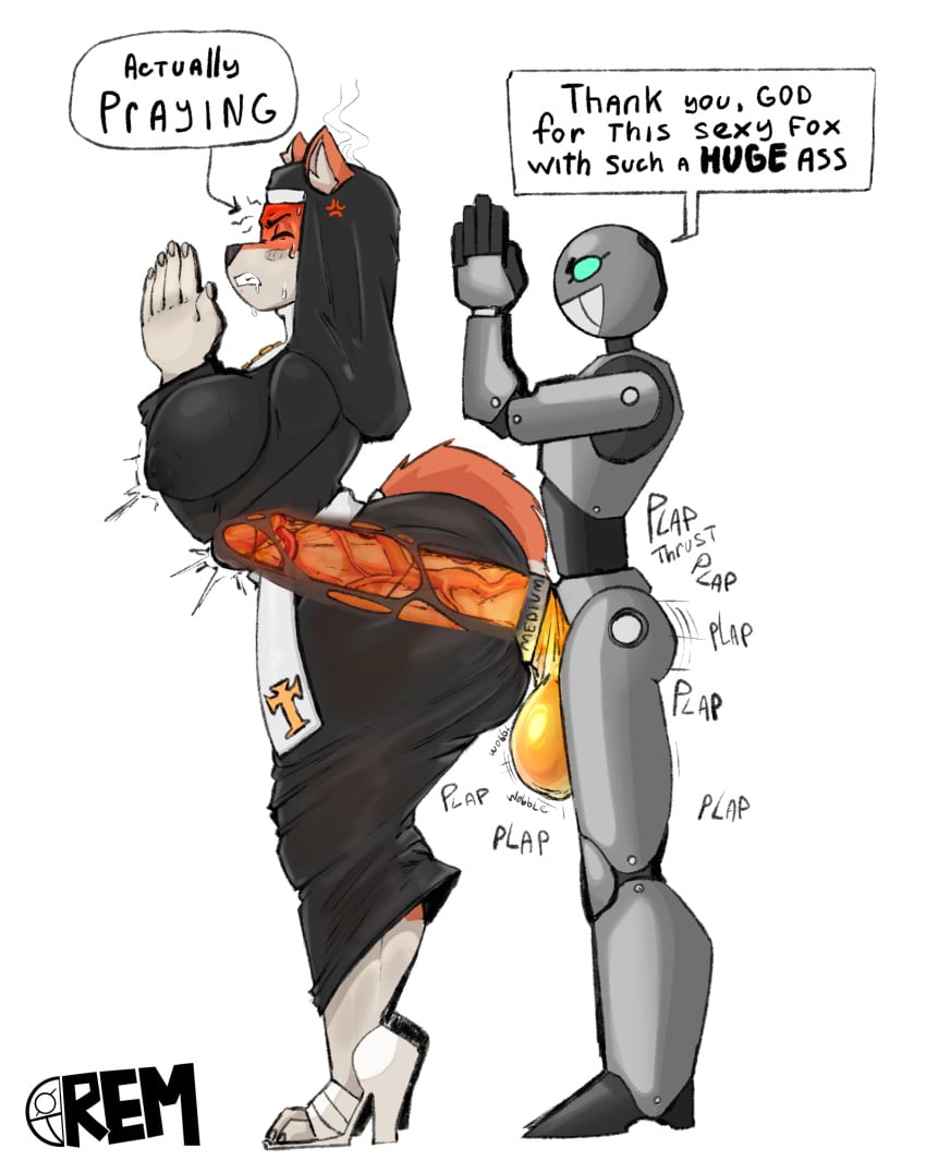 1boy 1girls anal anal_sex anthro belly_expansion big_ass big_balls big_penis edith_bellbottom_(jindragowolf) female fox fox_ears fox_tail furry heels male nun nun_outfit penetration_through_clothes questionable_consent rem_(oc) remiman ripped_clothing robot robot_humanoid sweat thick_thighs through_clothes through_clothing x-ray