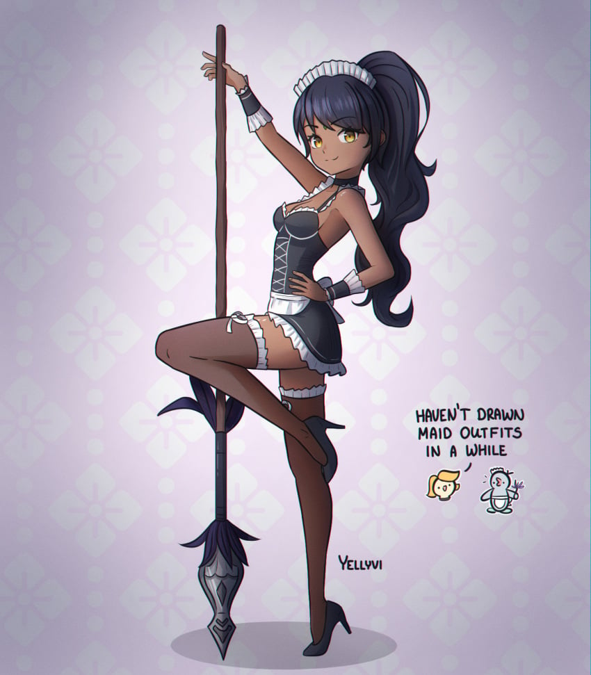 1girl 1girls black_hair black_hair_female boob_window dark-skinned_female dark_skin forehead_gem forehead_jewel french_maid_nidalee gem_on_forehead high_heels jewel_on_forehead league_of_legends long_hair long_hair_female looking_at_viewer maid maid_apron maid_dress maid_headdress maid_outfit maid_stockings maid_uniform nidalee ponytail ponytail_female posing posing_for_the_viewer posing_with_weapon riot_games simple_background skimpy skimpy_clothes skimpy_costume skimpy_dress skimpy_outfit smile smiling smiling_at_viewer solo solo_female solo_focus spear stockings yellow_eyes yellow_eyes_female yellyvi