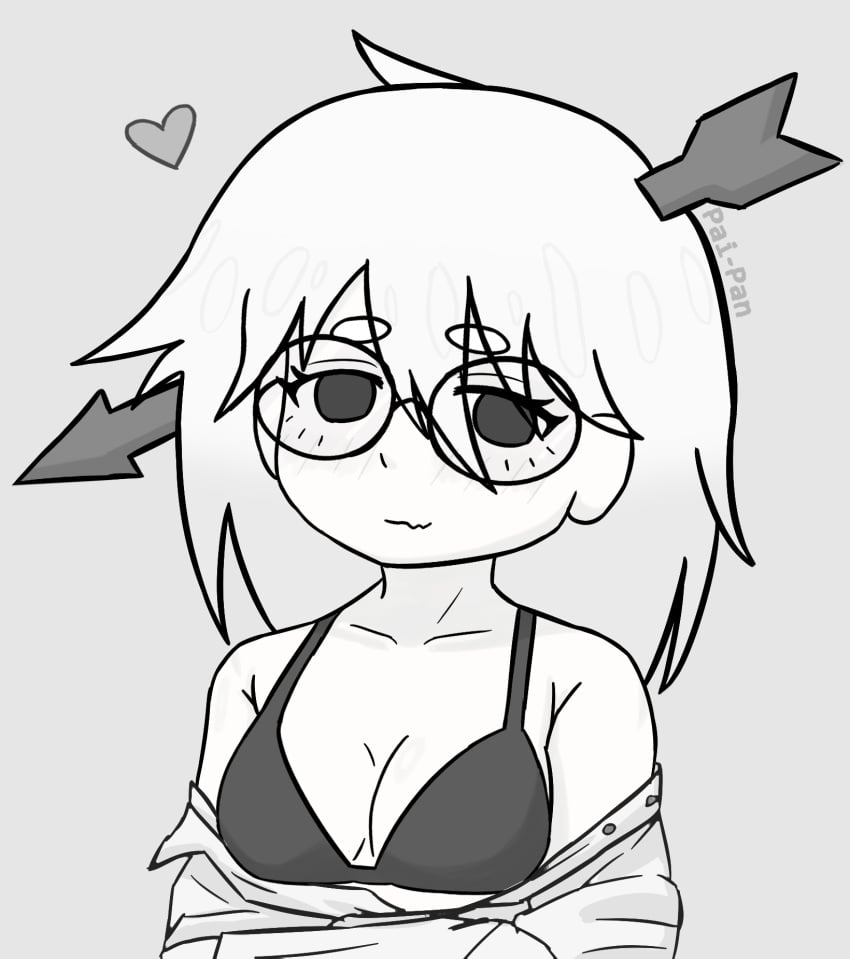 1girls bare_shoulders blush bra cleavage female glasses greyscale heart heart_symbol human medium_breasts monochrome offscript pai-pan shirt_down simple_background solo undressing