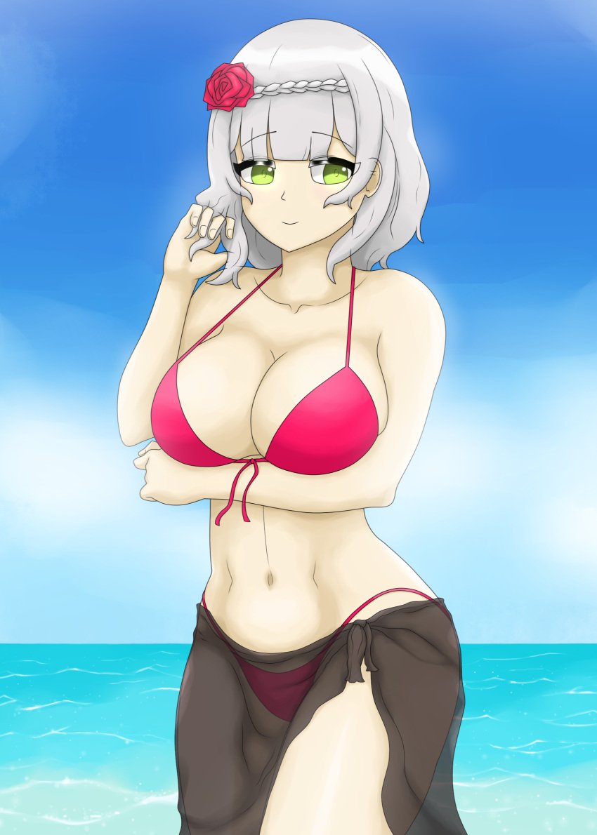 1girls ale_131 big_breasts bikini cleavage clouds day female female_focus female_only front_view genshin_impact green_eyes grey_hair highres hourglass_figure hoyoverse huge_breasts light-skinned_female light_skin looking_at_viewer noelle_(genshin_impact) ocean pareo red_bikini rose_(flower) rose_in_hair short_hair sky smiling smiling_at_viewer solo solo_female standing summer swimsuit thong thong_bikini water