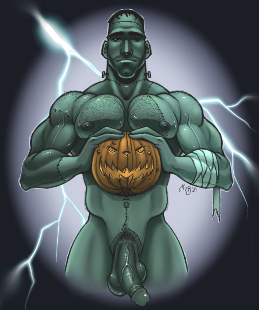 1boy 2021 balls bara barazoku frankenstein frankenstein's_monster green-skinned_male hairy_chest half-erect halloween hi_res highres holidays literature looking_at_viewer male male_nipples male_only male_pubic_hair markus_von_braunstein monster muscular_male nightmare_husbando nipples penis public_domain pumpkin undead