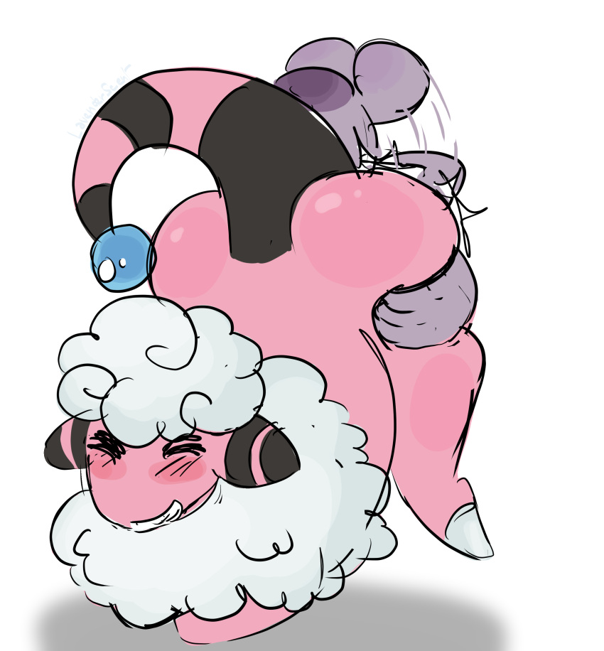 absurd_res ambiguous_gender anthro ass balls blush bovid caprine duo female feral flaaffy genitals hi_res human human_on_anthro interspecies lavenderscent male male/female mammal nintendo pokemon sheep squish