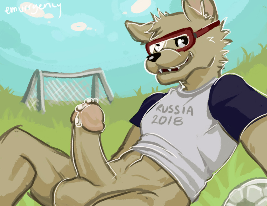 1boy anthro athletic ball balls bottomless canine circumcised clothed clothing emurrgency english_text erection eyewear goggles jersey looking_at_viewer lying male male_only mammal on_back outside penis precum selfie signature soccer soccer_ball solo sport spread_legs spreading text wolf zabivaka