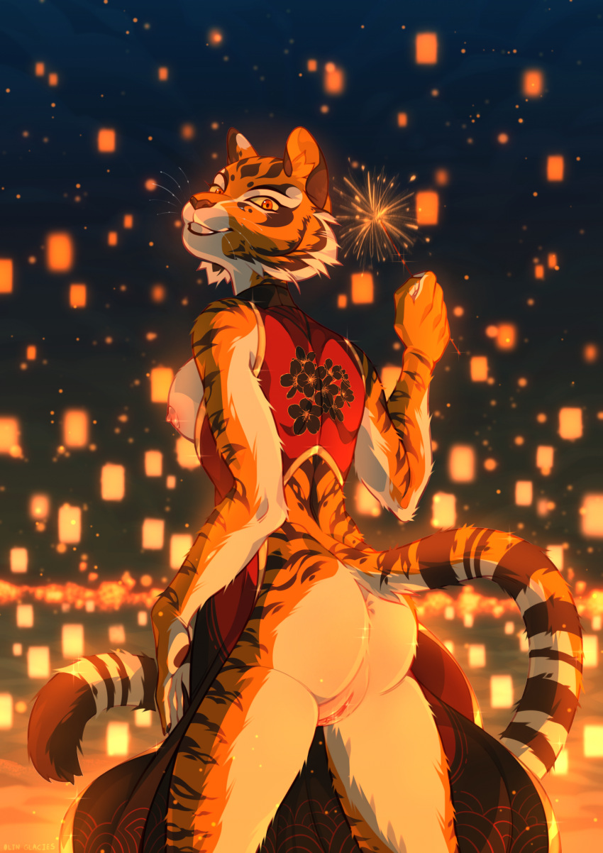 anthro ass blyadskiisychic breasts dreamworks felid female festival genitals hi_res kung_fu_panda lamp lantern looking_at_viewer looking_back mammal master_tigress night nipples pantherine pussy smile solo sparks stripes tiger