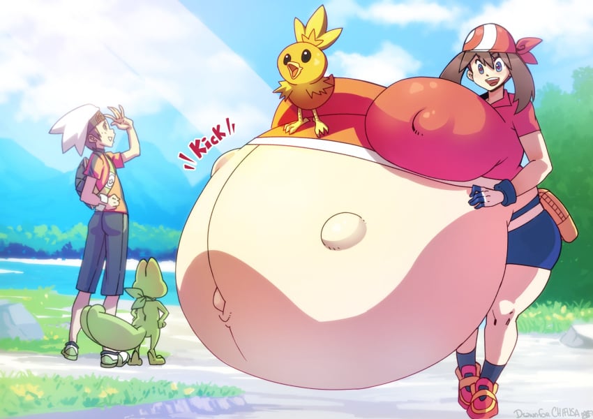 1boy 1girls baby_bump breasts_bigger_than_head breasts_bigger_than_torso brendan_(pokemon) brendan_(pokemon_oras) hyper hyper_belly hyper_breasts hyper_pregnancy long_hair looking_at_viewer mabeelz massive_belly may_(pokemon) may_(pokemon_rs) pokemon pokemon_oras pokemon_rse pregnant tagme