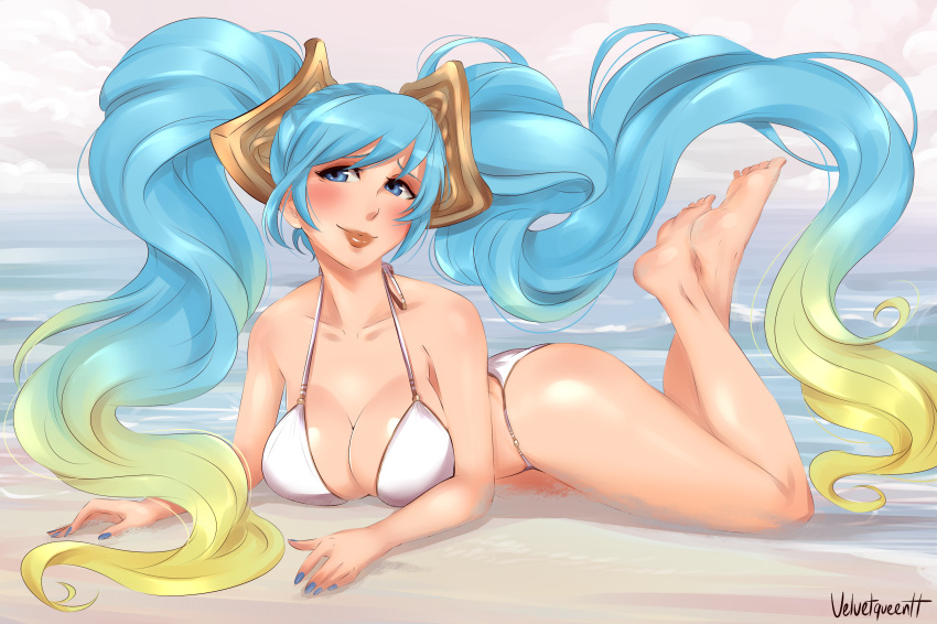 beach big_breasts bikini breasts cleavage feet female female_only large_breasts league_of_legends looking_at_viewer nail_polish painted_nails soles solo sona_buvelle toes velvetqueenh