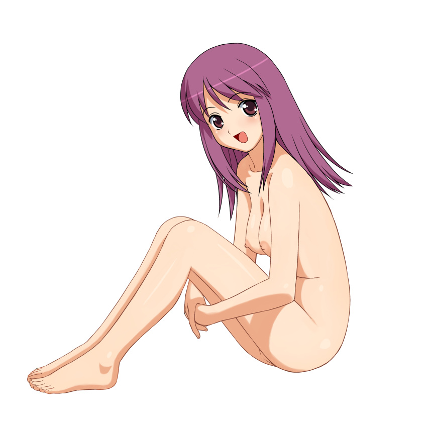 a1 barefoot breasts female high_resolution initial-g kaleido_star naegino_sora nipples nude purple_hair simple_background smile solo