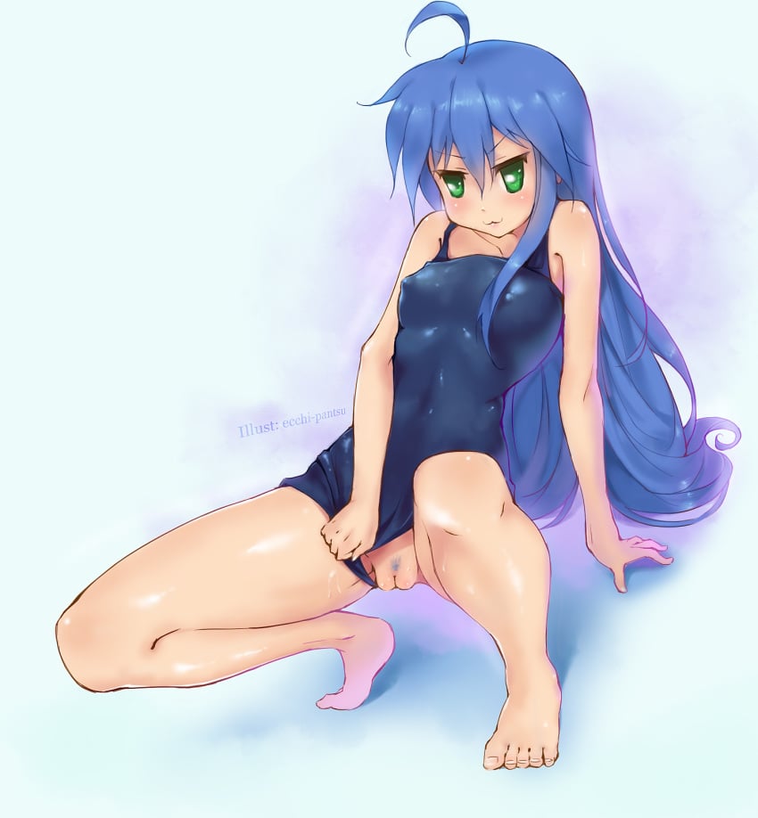 :3 ahoge barefoot blue_hair ecchi_pantsu feet female female_only green_eyes highres human kadokawa_shoten konata_izumi long_hair lucky_star one-piece_swimsuit pubic_hair pussy solo swimsuit swimsuit_aside uncensored