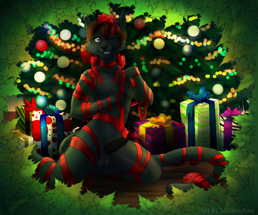 black_fur brown_hair christmas feline fur hair holidays kikimochan male male_only mammal nekole penis purple_eyes ribbons