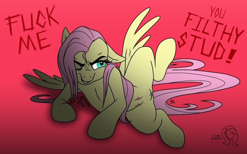 2015 animal_genitalia breasts dialogue english_text equine feathered_wings feathers female feral fluttershy_(mlp) friendship_is_magic fur hair hooves horse long_hair mammal my_little_pony nipples nude pegasus pink_hair pony pussy simple_background sinicalsix smile solo spread_legs spreading text wings