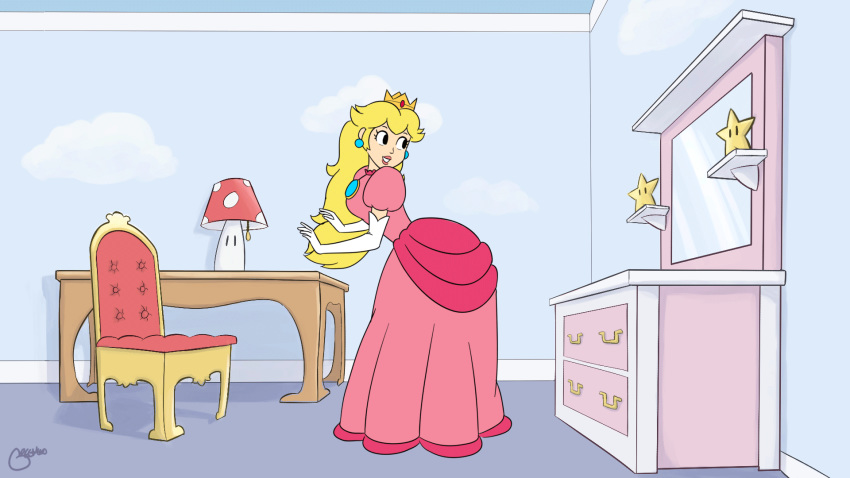 1girls animated ass_shake ass_slap big_ass big_butt butt_slap clothed clothing crown dat_ass dress earrings elbow_gloves female female_only fully_clothed gloves human indoors jewelry letitmelo looking_back mario_(series) mirror nintendo pink_dress princess_peach slap solo standing super_mario_bros. white_gloves