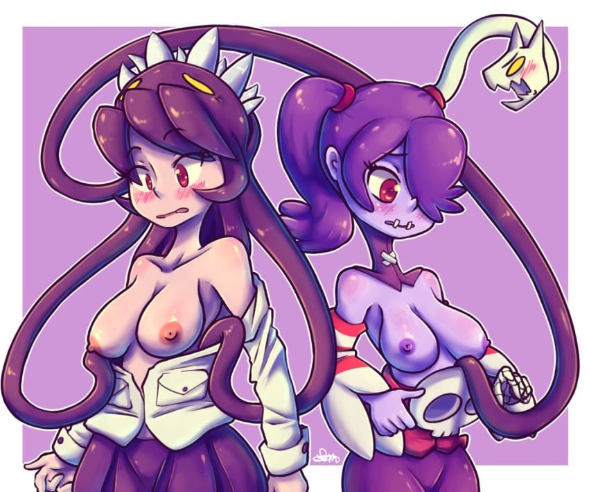 2girls assisted_exposure blue_skin blush bone breasts detached_collar detached_sleeves dress eyelashes female filia_(skullgirls) hair_over_one_eye leviathan_(skullgirls) long_hair monster_girl multi_mouth multiple_girls nipples open_clothes open_shirt prehensile_hair red_eyes samson_(skullgirls) school_uniform sharp_teeth side_ponytail sideboob skirt skullgirls spikedmauler squigly stitched_mouth stitches striped striped_sleeves yellow_eyes zombie