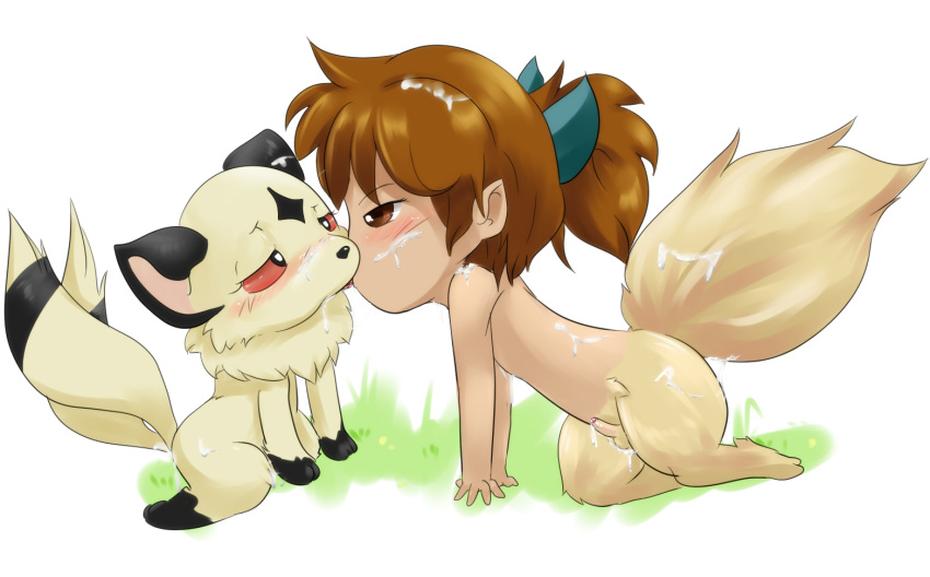 anthro blush bow brown_eyes brown_hair canine clyndemoon cum demon duo feline female feral fox fur hair interspecies inuyasha kirara kissing kneeling male mammal multi_tail nude paws penis red_eyes shippo sitting sweat yellow_fur