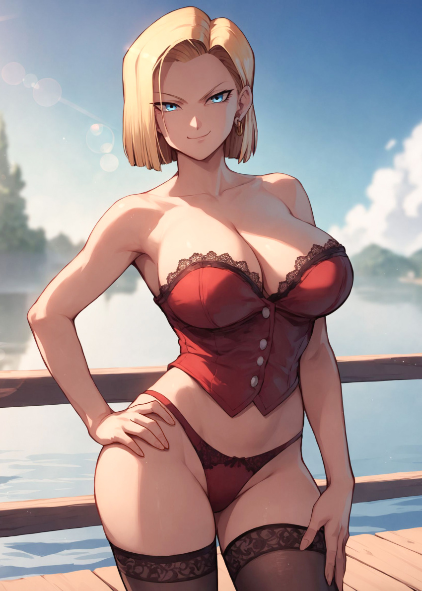 1girls ai_generated alex-schura android_18 athletic athletic_female bare_shoulders bare_thighs big_breasts blonde_hair blue_eyes blush breasts child_bearing_hips corset dragon_ball dragon_ball_z earrings facing_viewer female female_only front_view hand_on_hip high_resolution hoop_earrings huge_breasts large_breasts lingerie long_hair mature mature_female milf nai_diffusion panties pinup red_corset red_lingerie red_panties seducing seductive seductive_eyes seductive_look seductive_pose seductive_smile shounen_jump smile solo solo_focus stable_diffusion stockings thighs toned toned_female underwear upper_body voluptuous voluptuous_female weekly_shonen_jump wide_hips