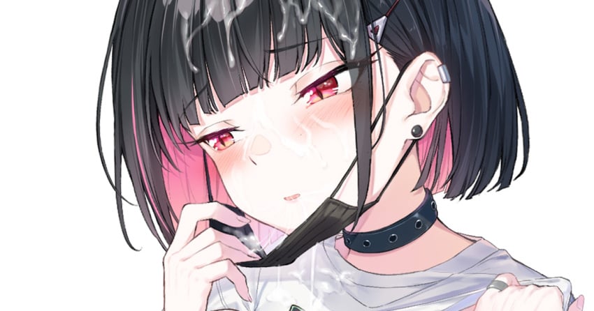 after-school_sweets_club_(blue_archive) aroused black_choker black_hair blue_archive blunt_bangs blunt_ends blush bob_cut choker close-up coffeekite colored_inner_hair commentary_request cum cum_on_hair ear_piercing earrings facial female food-themed_hair_ornament hair_ornament half-closed_eyes hand_up ice_cream_hair_ornament jewelry kazusa_(band)_(blue_archive) kazusa_(blue_archive) lifted_by_self looking_to_the_side mask mask_pull mouth_mask multicolored_hair open_mouth paid_reward_available piercing pink_hair raised_eyebrows red_eyes shirt short_hair simple_background slit_pupils solo stud_earrings trinity_general_school_student white_background white_shirt