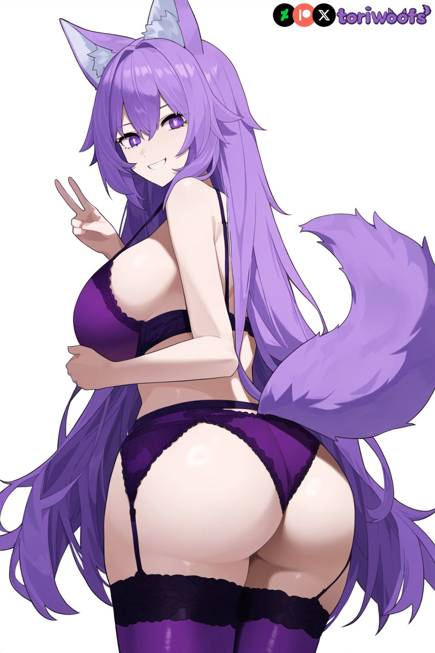 1girls ai_generated ass ass_focus big_breasts booty breasts curvy cute dog_ears dog_girl doggirl female female_focus female_only highres hips huge_boobs huge_breasts kemonomimi light_skin light_skinned_female lingerie long_hair patreon_username petgirl purple_ears purple_eyes purple_hair purple_tail thick_thighs thighhighs thighs tori toriwoofs watermark wavy_hair white_skin white_skinned_female wide_hips wolf_ears